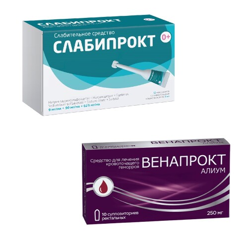 Набор для профилактики и лечения геморроя микроклизма Слабипрокт  12 шт. + ВЕНАПРОКТ АЛИУМ 0,25 N10 СУПП РЕКТ  