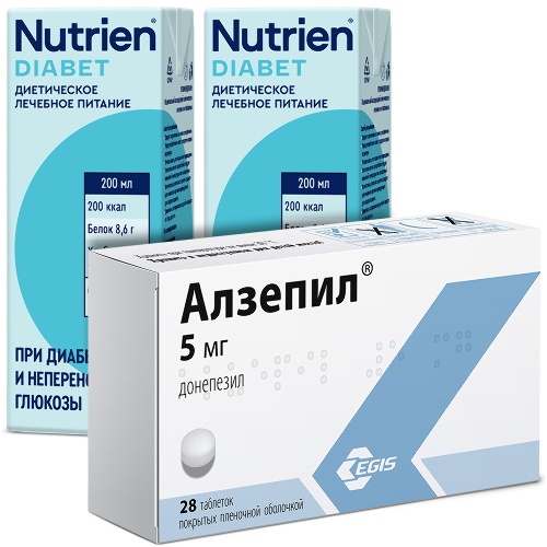 Набор АЛЗЕПИЛ 0,005 N28 ТАБЛ П/ПЛЕН/ОБОЛОЧ + НУТРИЭН ДИАБЕТ С НЕЙТРАЛЬНЫМ ВКУСОМ 200МЛ по специальной цене