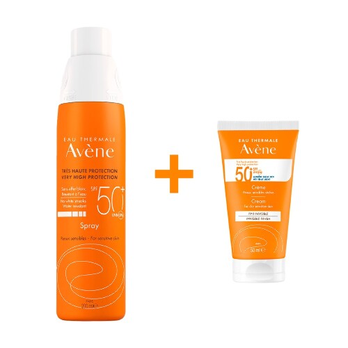 Набор AVENE СПРЕЙ СОЛНЦЕЗАЩИТНЫЙ SPF50+ 200МЛ + AVENE КРЕМ СОЛНЦЕЗАЩИТНЫЙ SPF 50+ БЕЗ ОТДУШЕК 50МЛ