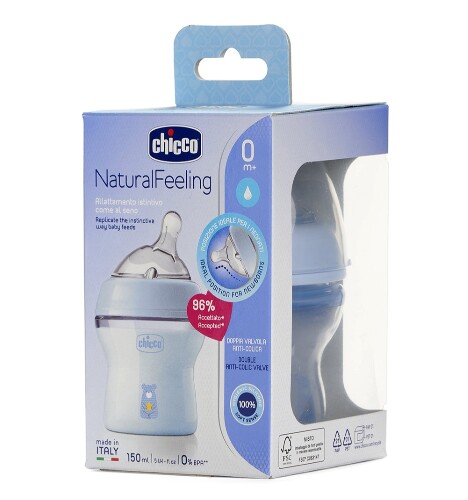 Chicco natural feeling бутылочка для кормления соска силиконовая наклонная 0+ 150 мл/голубая