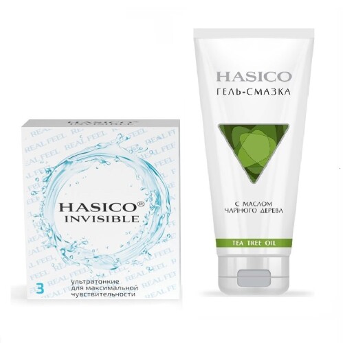 Набор из 2х средств HASICO: ПРЕЗЕРВАТИВЫ HASICO УЛЬТРАТОНКИЕ N3+ГЕЛЬ-СМАЗКА С МАСЛОМ ЧАЙНОГО ДЕРЕВА 100МЛ