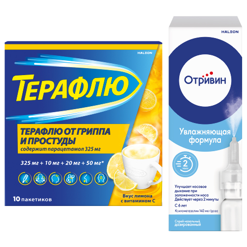 Набор Терафлю №10 пак пор вкус лимон + Отривин 140 мкг/доза спрей 10 мл (60 доз) со скидкой