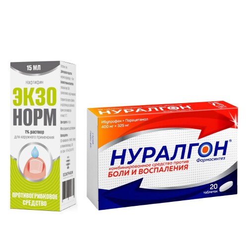 Набор при грибке и боли со скидкой 200 рублей: Экзонорм 1% 15 мл. + Нуралгон фармасинтез 20 шт.