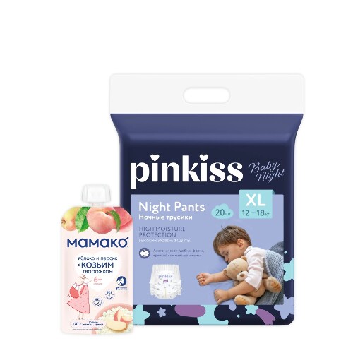 Набор Pinkiss подгузники-трусики baby night XL/12-18кг/20шт + МАМАКО пюре яблоко и персик с козьим творожком 120г