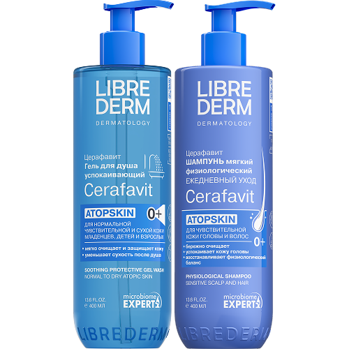 Набор ЛИБРИДЕРМ: гель для душа успокаивающий для чувствительной и сухой кожи 400мл + шампунь мягкий 400мл