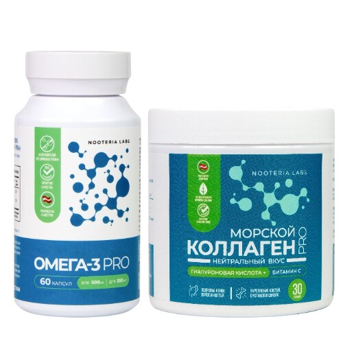 Набор NOOTERIA LABS ОМЕГА-3 N60 капс + МОРСКОЙ КОЛЛАГЕН ПРО 150 Г порошок банка, со скидкой
