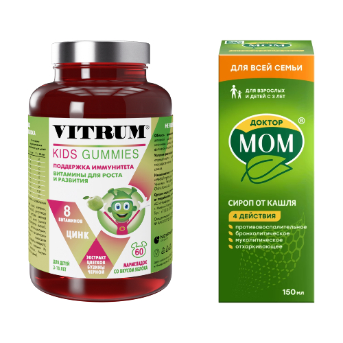 Набор Витрум Кидс Мармеладки со вкусом яблока №60 и Доктор МОМ® сироп 150 мл по специальной цене