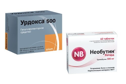 Набор для терапии желчнокаменной болезни Урдокса 500 таб. 500 мг №100+Необутин Ретард таб. 300 мг №60 со скидкой 15%