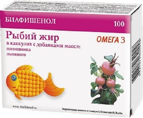 Купить РЫБИЙ ЖИР БИАФИШЕНОЛ С МАСЛ ШИПОВН/ЛЬНА N100 КАПС цена