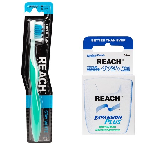 Набор Reach зубная щетка stay white /жесткая/ + Reach зубная нить пропитанная воском с мятным вкусом 50м