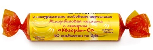 Аскорбиновая кислота с сахаром квадрат-с со вкусом банана 10 шт. таблетки массой 2,9 г/крутка/