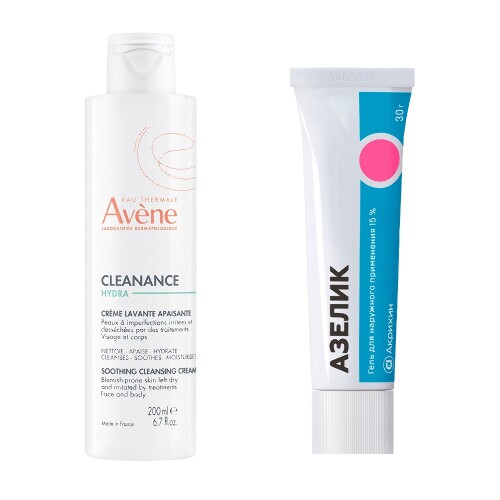 Набор AVENE CLEANANCE HYDRA КРЕМ ДЛЯ ПРОБЛЕМНОЙ КОЖИ ОЧИЩАЮЩИЙ УСПОКАИВАЮЩИЙ 200МЛ + АЗЕЛИК 15% 30,0 ГЕЛЬ Д/НАРУЖ ПРИМ
