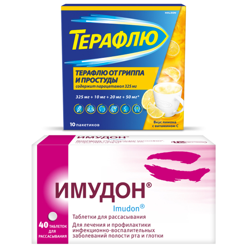 Набор из 1 уп Имудон 40 шт. таблетки + Терафлю от гриппа и простуды 325 мг + 10 мг + 20 мг + 50 мг 10 шт. вкус лимон