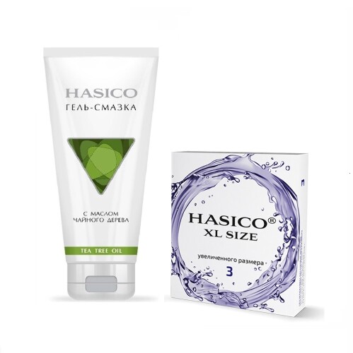 Набор из 2х средств HASICO: ПРЕЗЕРВАТИВЫ HASICO УВЕЛИЧЕННОГО РАЗМЕРА N3+  ГЕЛЬ-СМАЗКА С МАСЛОМ ЧАЙНОГО ДЕРЕВА 100МЛ