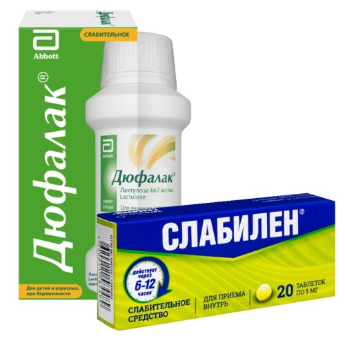 Набор слабительное для комплексного лечения Дюфалак 667 мг/мл сироп 200 мл флакон + Слабилен 5 мг 20 шт. таблетки, покрытые плен