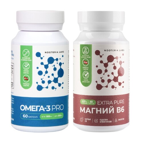 Набор NOOTERIA LABS ОМЕГА-3 N60 капс + МАГНИЙ В6 EXTRA PURE N60 капс, со скидкой