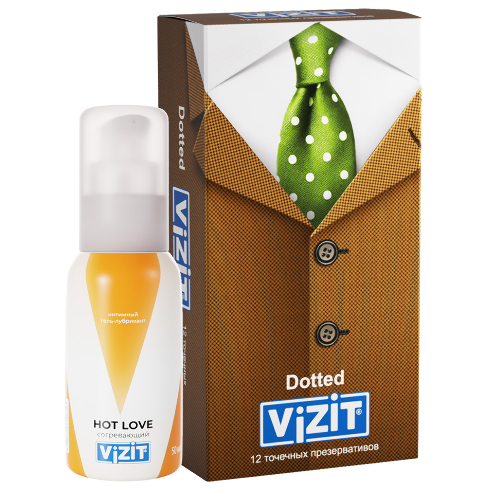 Набор Vizit гель-лубрикант Hot love согревающий 50 мл + Vizit презерватив Dotted точечные 12 шт.