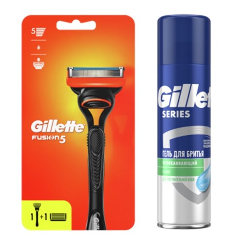 Набор Gillette Fusion бритва со сменными кассетами 2 шт. и Gillette Series гель для бритья 200 мл со скидкой 10%