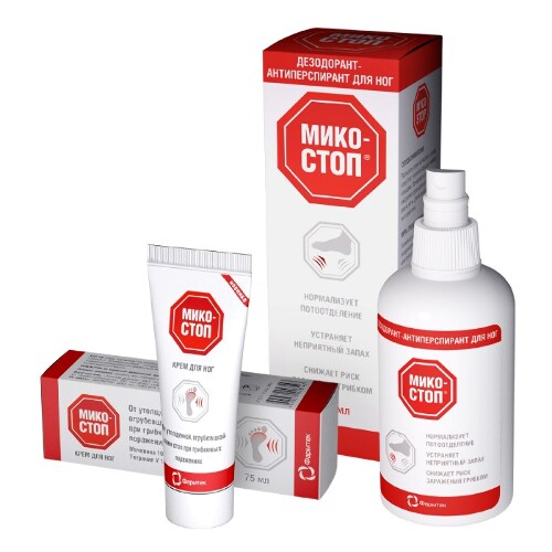 Набор МИКОСТОП КРЕМ ДЛЯ НОГ 75МЛ + ДЕЗОДОРАНТ-АНТИПЕРСПИРАНТ ДЛЯ НОГ 150МЛ со скидкой