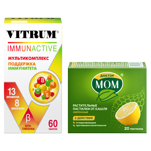 Набор Витрум Иммунактив №60 и Доктор МОМ растительные пастилки от кашля, лимон №20 по специальной цене