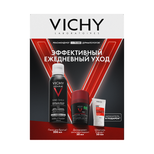 Vichy набор homme/пена д/бритья 200 мл+дезод-антиперсп 50 мл+шампунь п/выпад волос energy+ 50 мл/