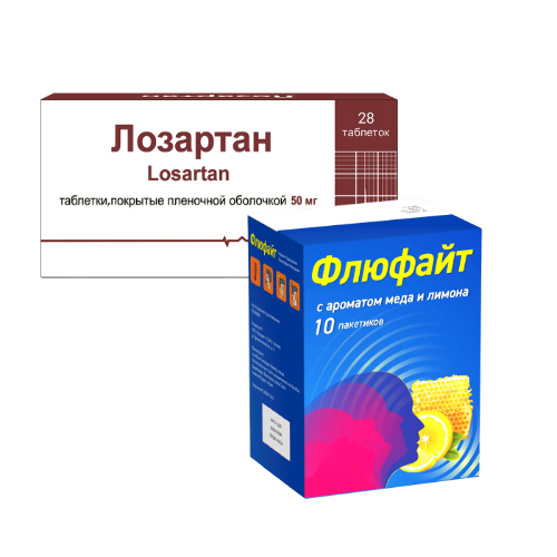 Набор Флюфайт порошок от гриппа и ОРВИ 10 пак с ароматом меда и лимона + Лозартан 50мг №28 табл по специальной цене!