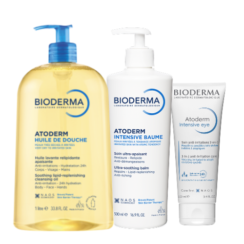 Набор BIODERMA Atoderm: Масло д/душа 1л + Интенсивный Липидовосстанавливающ бальзам 500мл + Интенсивный уход вокруг глаз 3в1 100