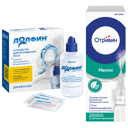 Набор Свободное дыхание при простуде Отривин с ментолом и эвкалиптом 10 мл +  Долфин для взрослых устройство + 30 саше