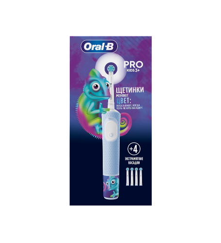 Oral-b зубная щетка pro kids 3+/тип 3708/с насадкой pro kids chameleon/электр/голубая+со смен насадкой pro kids chameleon 4 шт.