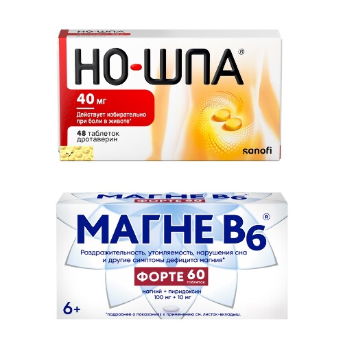 Набор из 1 уп МАГНЕ В6 ФОРТЕ 100 МГ + 10 МГ N60 ТАБЛ П/ПЛЕН/ОБОЛОЧ и 1 уп НО-ШПА 40 МГ N48 ТАБЛ