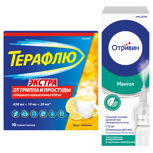 Набор Терафлю Экстра N10 пак пор/лимон + Отривин 140мкг/доза 10мл спрей назал доз с ментолом/эвкалиптом со скидкой
