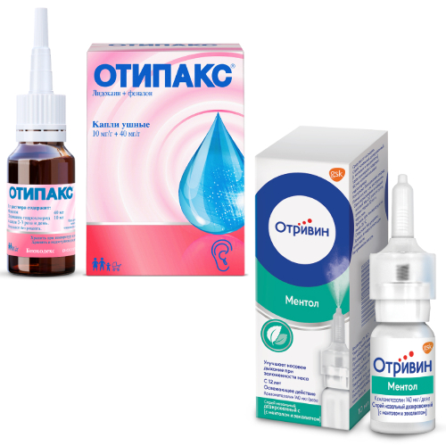 Набор ОТИПАКС 16гр КАПЛИ УШНЫЕ + ОТРИВИН 140МКГ/ДОЗА СПРЕЙ НАЗАЛЬНЫЙ ДОЗИРОВАННЫЙ С МЕНТОЛОМ И ЭВКАЛИПТОМ 10МЛ