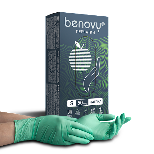Перчатки смотровые benovy нитриловые нестерильные неопудренные s 50 шт. пар/зеленый/