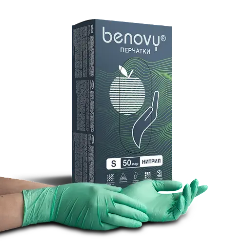 Перчатки смотровые benovy нитриловые нестерильные неопудренные s 50 шт. пар/зеленый/