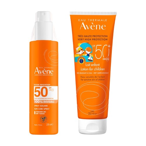 Набор AVENE: СПРЕЙ СОЛНЦЕЗАЩИТ НЕВИДИМЫЙ Д/ЧУВСТВИТ КОЖИ SPF50 200МЛ + СОЛНЦЕЗАЩИТ ДЕТСКОЕ МОЛОЧКО SPF50+ 250МЛ
