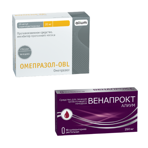 Набор   Венапрокт алиум 250 мг 10 шт. супп рект при геморрое +  Омепразол-OBL капс. 20 мг №28 со скидкой 
