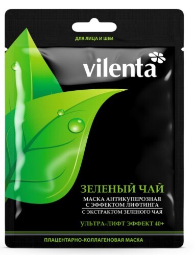 Vilenta маска тканевая для лица и шеи плацентарно-коллагеновая зеленый чай с эффектом лифтинга антикуперозная 1 шт.