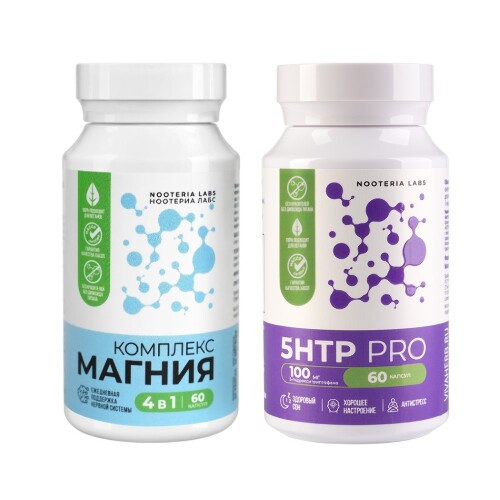 Набор NOOTERIA LABS: КОМПЛЕКС МАГНИЯ N60 капс + 5HTP PRO (5-ГИДРОКСИТРИПТОФАН) N60капс, со скидкой