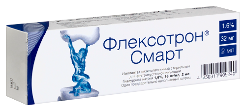Флексотрон смарт имплантат вязкоэластичный стер для внутрисуставной инъекции гиалуронат натрия 1,6% 16 мг/мл 2 мл 1 шт. шприц