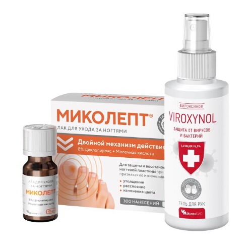 Набор МИКОЛЕПТ ЛАК ДЛЯ УХОДА ЗА НОГТЯМИ 10МЛ + VIROXYNOL СПРЕЙ ГИГИЕНИЧЕСКИЙ ДЛЯ РУК 100МЛ со скидкой