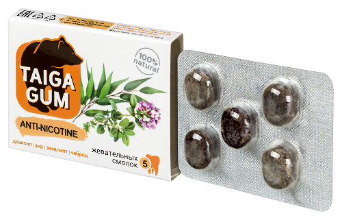 Taiga gum смолка жевательная anti-nicotine из смолы лиственницы сибирской с пчелиным воском драж в растительной пудре 5 шт.