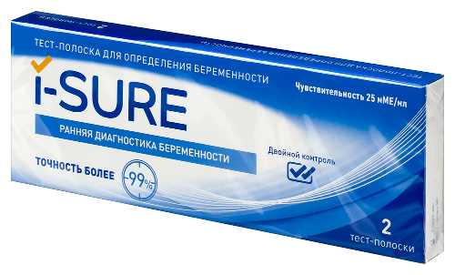 Тест-полоска для определения беременности i-sure 2 шт./чувствительность 25 мме/мл