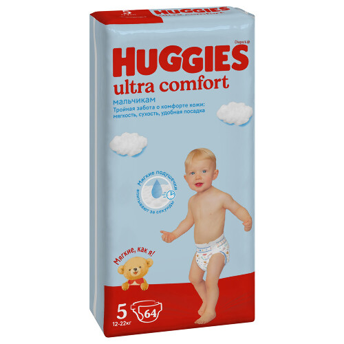 Купить Подгузники Huggies Ultra Comfort для мальчиков 12-22кг 5 размер 64шт цена