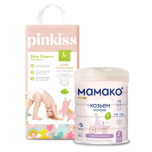 Набор МАМАКО-2 PREMIUM СМЕСЬ СУХАЯ НА КОЗЬЕМ МОЛОКЕ С ОЛИГОСАХАРИДАМИ ГРУДНОГО МОЛОКА 800г + PINKISS ПОДГУЗНИКИ L/9-14 кг/ 44 шт