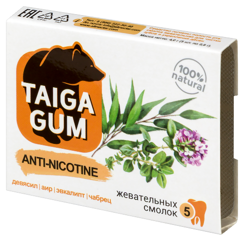 Taiga gum смолка жевательная anti-nicotine из смолы лиственницы сибирской с пчелиным воском драж в растительной пудре 5 шт.