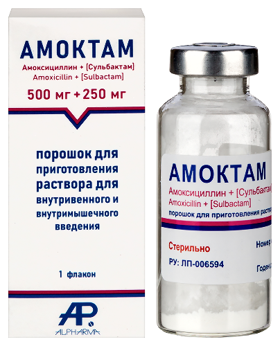 Амоктам порошок для приготовления раствора для внутривенного и внутримышечного введения 500 мг + 250 мг флакон 1 шт.