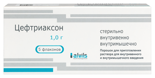 Цефтриаксон 1000 мг порошок для приготовления раствора для внутривенного и внутримышечного введения флакон 5 шт.