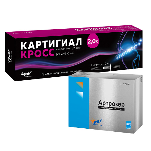 НАБОР Картигиал кросс протез синовиальной жидкости 2% 3 мл + Артрокер 50 мг 30 шт. ПО ВЫГОДНОЙ ЦЕНЕ - цена 22334.80 руб., купить в интернет аптеке в Новосибирске НАБОР Картигиал кросс протез синовиальной жидкости 2% 3 мл + Артрокер 50 мг 30 шт. ПО ВЫГОДНОЙ ЦЕНЕ, инструкция по применению