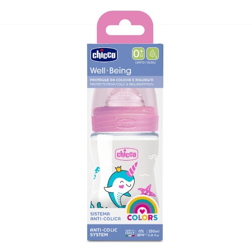 CHICCO WELL-BEING БУТЫЛОЧКА ДЛЯ КОРМЛЕНИЯ СОСКА СИЛИКОНОВАЯ 0+ 150МЛ/РОЗОВЫЙ