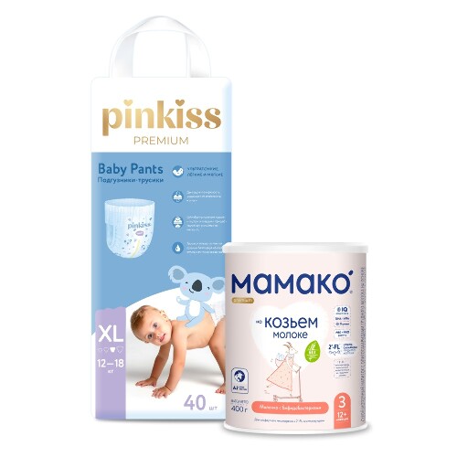 Набор МАМАКО-3 PREMIUM НАПИТОК СУХОЙ НА КОЗЬЕМ МОЛОКЕ С ОЛИГОСАХАРИДАМИ ГРУДНОГО МОЛОКА 400г + PINKISS PREMIUM ПОДГУЗНИКИ-ТРУСИК